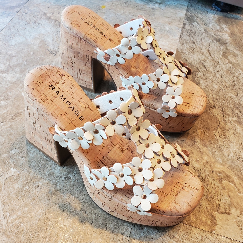Rampage Cream Floral Cork Platform Sandals